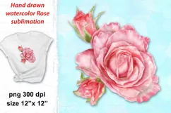 Hand drawn watercolor Rose flower for sublimation. Floral clipart goes without background, on white spot bleach effect background and white bleach effect background separately in PNG 300 dpi files for print, pillow, t shirt, mug, glass. 