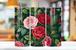 seamless tumbler wrap, rose garden design, romantic floral wrap, pink red roses, watercolor rose design, 20oz skinny tumbler, tapered tumbler wrap, straight tumbler design, romantic rose art, seamless garden design