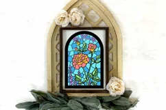 rose garden stained glass decoration with decorative frame and flowers