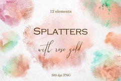 12 Watercolor Splatters with Rose Gold Finish - PNG Product Image 1