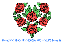 Rose Heart Floral Flower Graphic Outline Wreath Clipart PNG