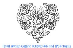 Rose Heart Floral Flower Graphic Outline Wreath Outline PNG