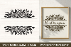 Romantic rose split monogram SVG frame featuring symmetrical clusters of blooming roses, delicate buds, and lush leaves, ideal for personalized wedding initials, bridal monograms, name plaques