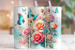 Butterfly Tumbler Wrap PNG, Floral Butterflies Tumbler Wrap Product Image 1