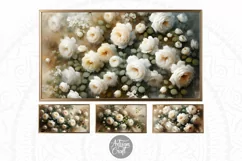 The collection of 4 paintings for Frame TV art display show impressionist oil paintings of bush of white roses. 