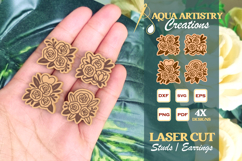 4x Roses Studs Earrings, Brooch, Badge Laser Cut Florals SVG Product Image 1