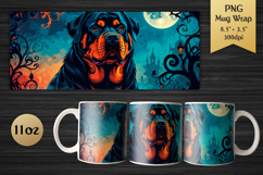 Rottweiler 11oz Mug Wrap. Halloween Sublimation Design for gothic art fans, and crafters who want to add a touch of mystery and wild energy to their mug creations.