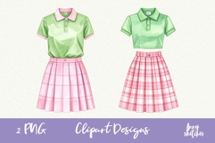 1950s Outfit Plaid Skirt Tucked Polo Pink Golf Retro Clipart Product Image 1