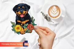Rottweiler Puppy Flowers Sticker, Floral Dog Sticker Product Image 1