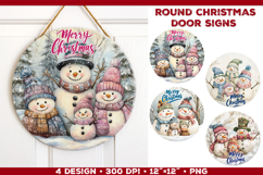Round Christmas Door Sign Sublimation Design with Snowmen Product Image 1