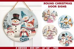 Round Christmas Door Sign Sublimation Design with Snowmen Product Image 1