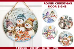 Round Christmas Door Sign Sublimation Design with Snowmen Product Image 1