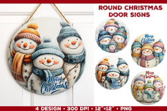 Round Christmas Door Sign Sublimation Design with Snowmen Product Image 1
