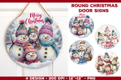 Round Christmas Door Sign Sublimation Design with Snowmen Product Image 1