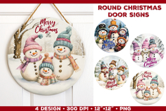 Round Christmas Door Sign Sublimation Design with Snowmen Product Image 1