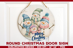 Round Christmas Door Sign Sublimation Design with Snowmans Product Image 1