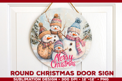 Round Christmas Door Sign Sublimation Design with Snowmans Product Image 1