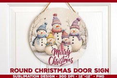 Round Christmas Door Sign Sublimation Design with Snowmans Product Image 1