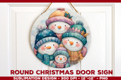 Round Christmas Door Sign Sublimation Design with Snowmans Product Image 1