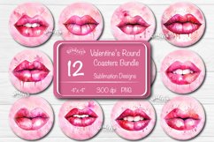 Valentine Round Coaster Bundle with Watercolor pink lips PNG. This is a round coaster 4&#039;&#039; x 4&#039;&#039; you can also use it as a keychain sublimation design.