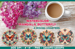Round Coaster Sublimation Design with Butterfly Mandala Product Image 1