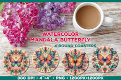 Round Coaster Sublimation Design with Butterfly Mandala Product Image 1