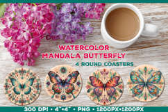 Round Coaster Sublimation Design with Butterfly Mandala Product Image 1