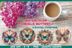 Round Coaster Sublimation Design with Butterfly Mandala Product Image 1