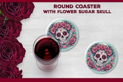 Floral Sugar Skull Round Coaster Sublimation Design PNG Product Image 1