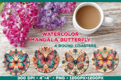 Round Coaster Sublimation Design with Butterfly Mandala Product Image 1