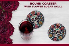 Floral Sugar Skull Round Coaster Sublimation Design PNG Product Image 1