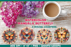 Round Coaster Sublimation Design with Butterfly Mandala Product Image 1