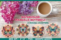 Round Coaster Sublimation Design with Butterfly Mandala Product Image 1