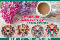 Round Coaster Sublimation Design with Butterfly Mandala Product Image 1
