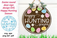 Round ornament with quote Happy Hunting Season, decorated colorful eggs, daisy flowers for door or porch sign, door hanger, home decoration for Easter, spring holidays. Layered cute design.