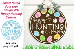 Round ornament with quote Happy Hunting Season, decorated colorful eggs, daisy flowers for door or porch sign, door hanger, home decoration for Easter, spring holidays. Layered cute design.