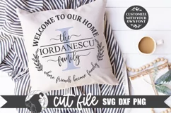 Family Last Name Monogram Wreath SVG shown on a natural pillow