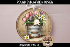 Bunny in Flower Bucket Sublimation Design | Spring Round PNG Product Image 3