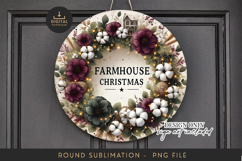 Farmhouse Christmas Sublimation PNG - Round Cotton Wreath Product Image 1