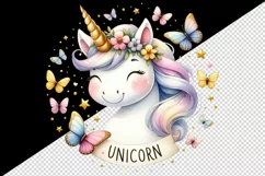 Round watercolor unicorn butterflies and stars word Unicorn quote print 20 oz tumbler skinny mug wrap clipart t-shirt sublimation printable design