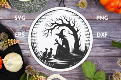 Witch with Cats and brick wall - Round Halloween Sign SVG Product Image 1