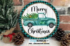 Merry Christmas Teal Truck Teal Plaid Round Sublimation PNG Product Image 1