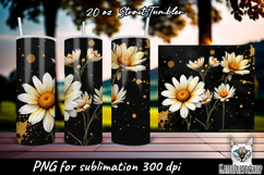Gold splash and daisy flowers, sublimation tumbler wrap Product Image 1