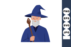 Wizard character with blue robe and hat holding wooden staff Product Image 1
