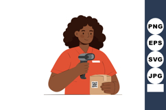 Woman scanning barcode on package in red uniform vector illu Product Image 1