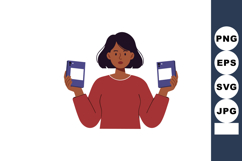 Woman holding two smartphones in red sweater vector illustra Product Image 1