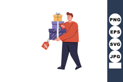 Man carrying stack of gift boxes with discount tags shopping Product Image 1