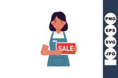 Woman holding red sale sign in blue apron smiling illustrati Product Image 1