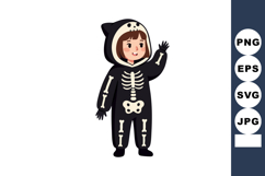 Child Wearing Black Skeleton Costume Waving Hand in Cute Hal Product Image 1