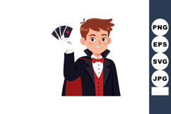Young magician performing card trick in black cape and red v Product Image 1